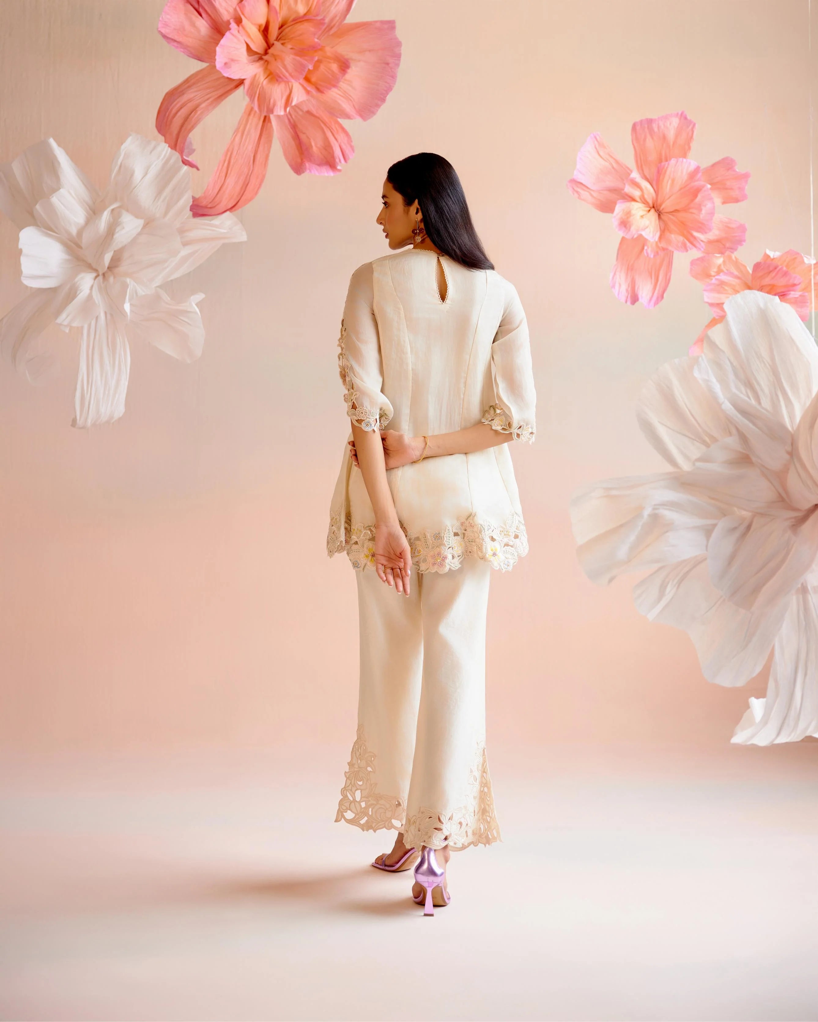 Ivory Cutwork And Beadwork Flared Short Kurta With Bell Bottom Pants