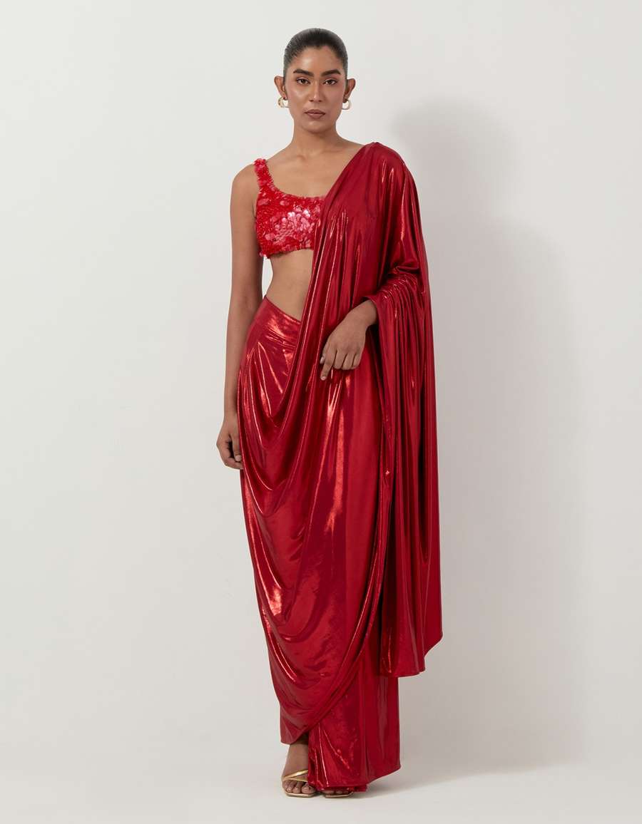 Waterfall Sari In Red