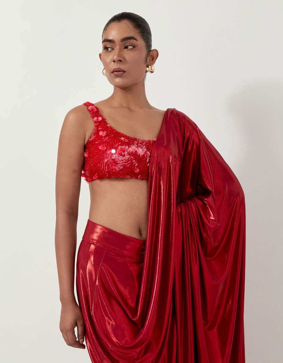 Waterfall Sari In Red