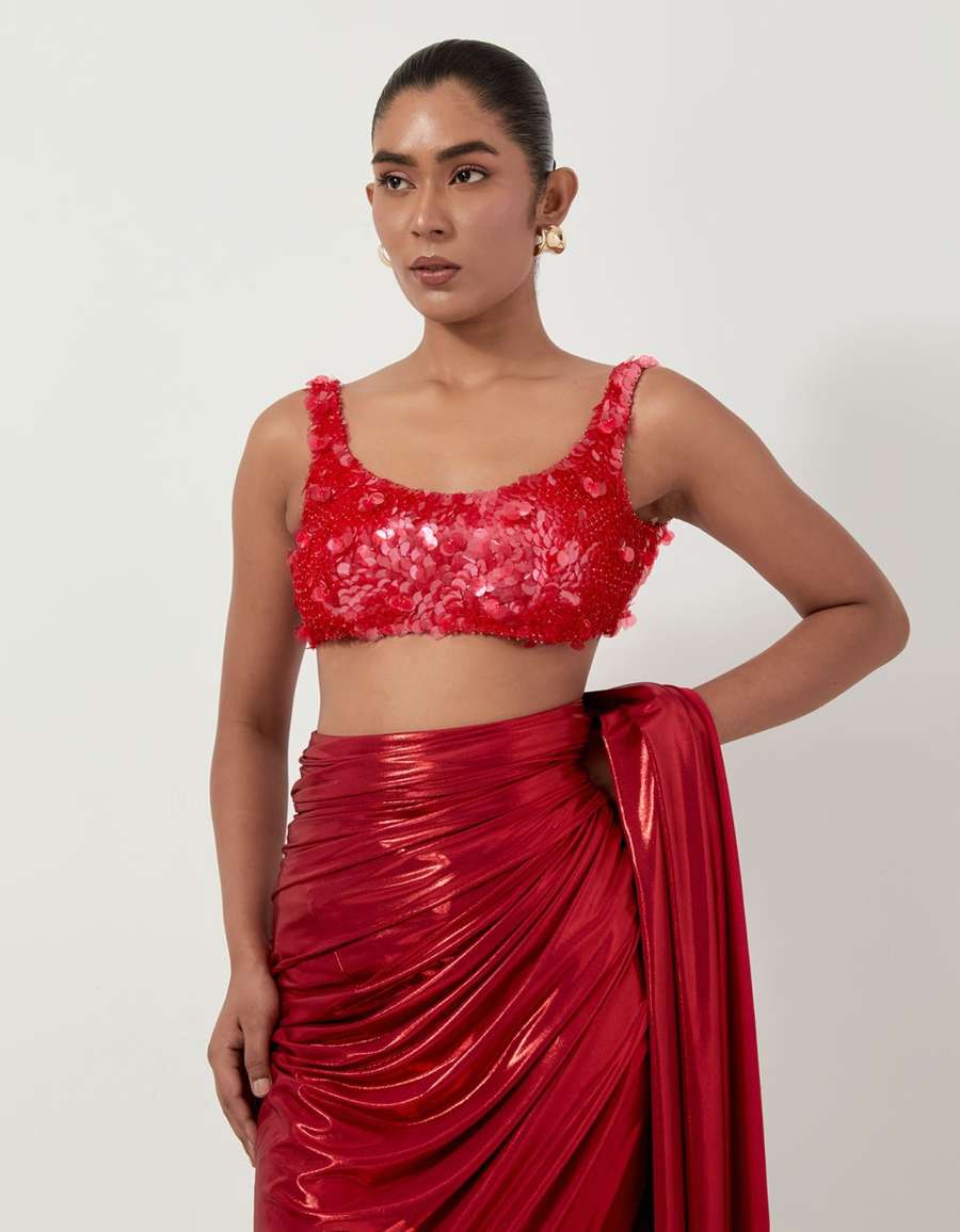 Waterfall Sari In Red