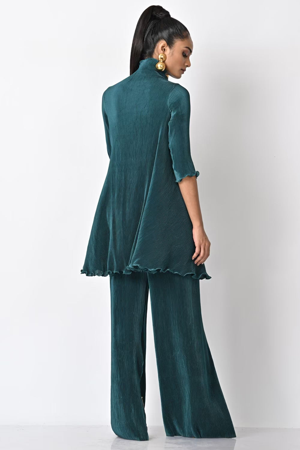 Blue Green Pleated Wrap Dress With Zardozi Motif