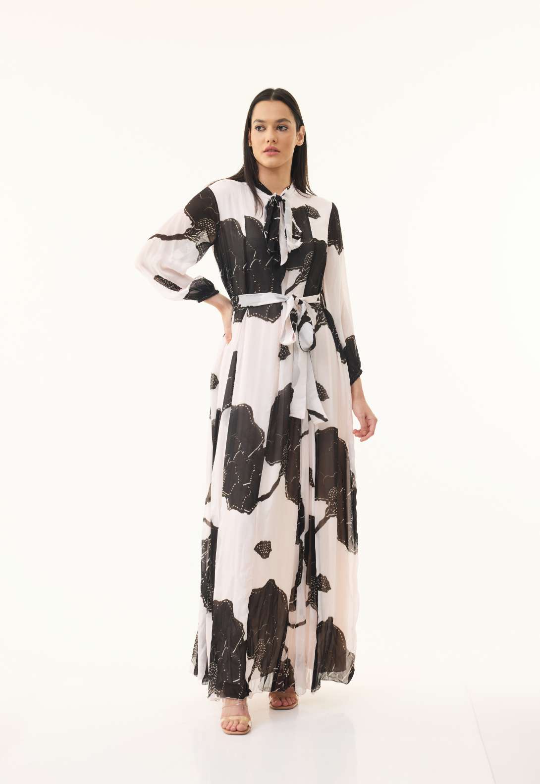 PEACH, BROWN AND BLACK FLORAL SLEEVELESS DRESS