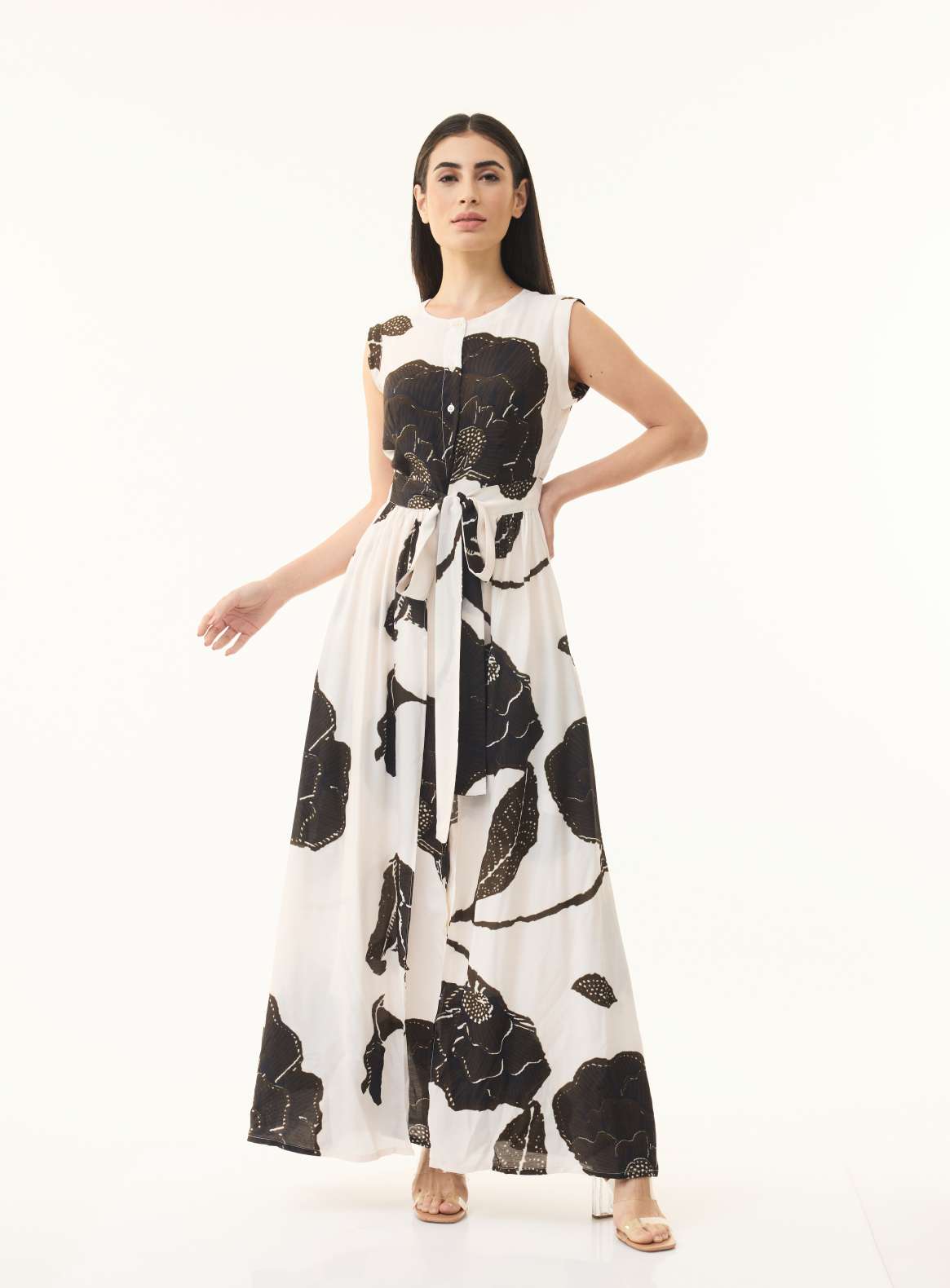 PEACH, BROWN AND BLACK FLORAL SLEEVELESS DRESS