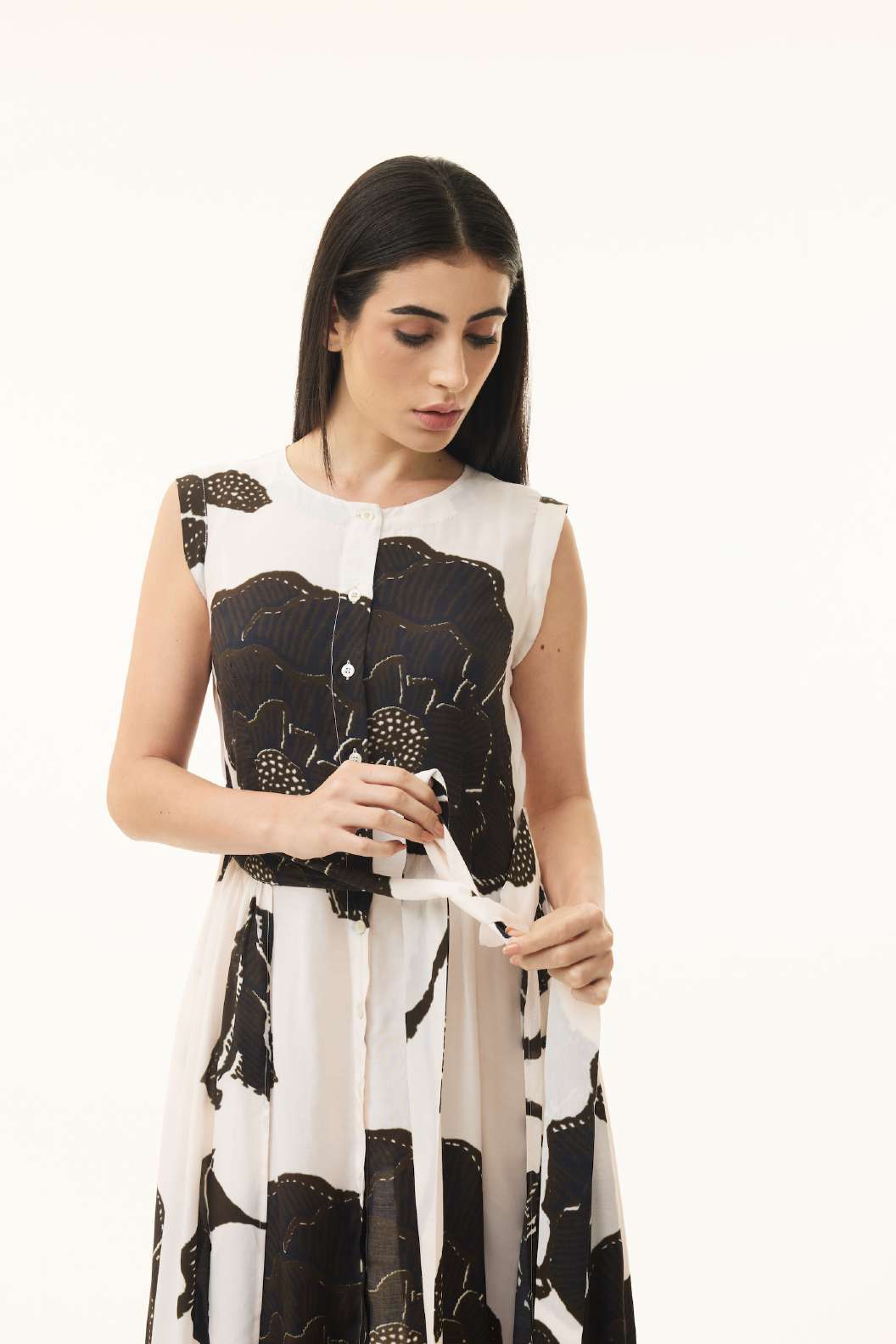 PEACH, BROWN AND BLACK FLORAL SLEEVELESS DRESS