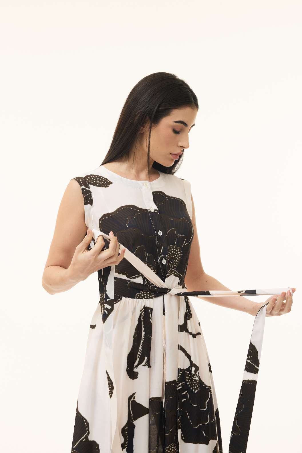 PEACH, BROWN AND BLACK FLORAL SLEEVELESS DRESS