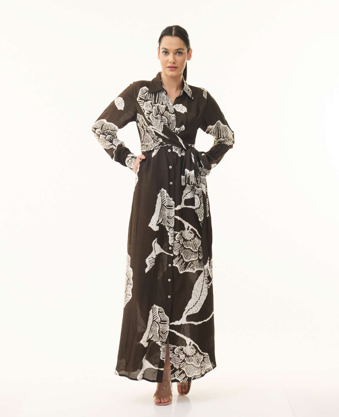 BLACK, PEACH AND BROWN FLORAL WRAP SHIRT DRESS