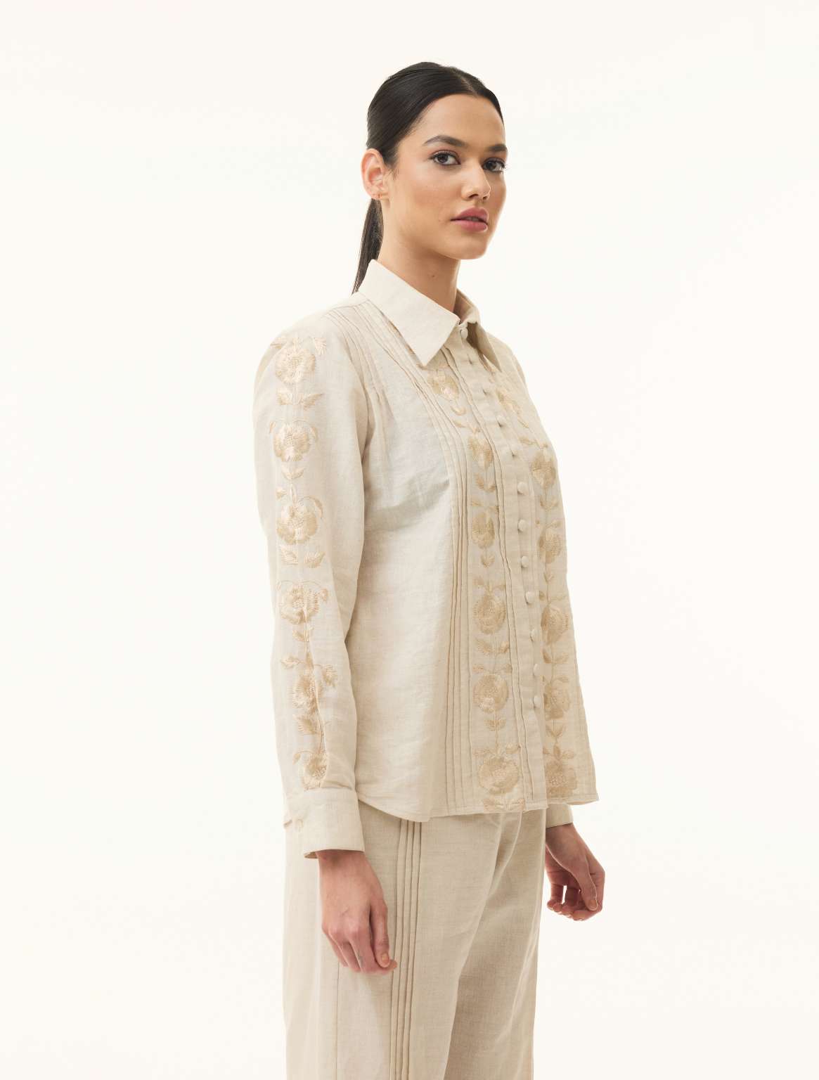 CREAM LINEN EMBROIDERED PANTS