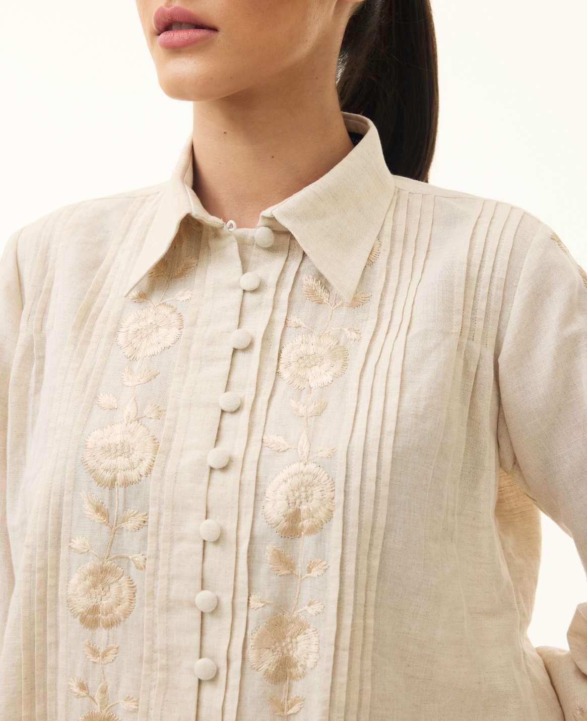 CREAM LINEN EMBROIDERED PANTS