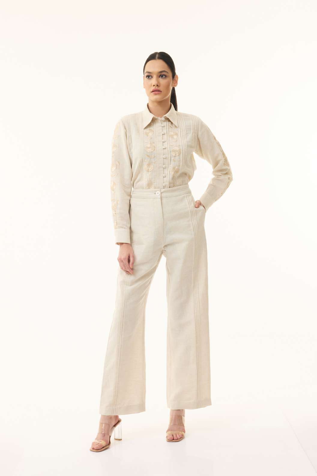 CREAM LINEN EMBROIDERED PANTS