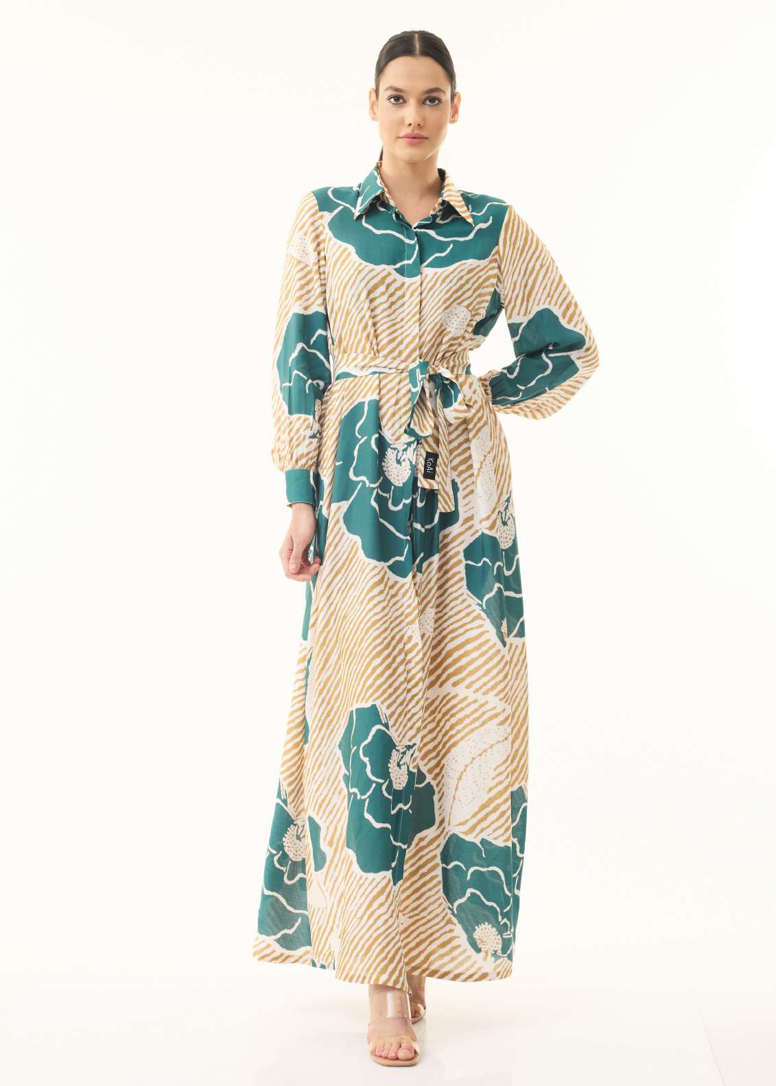 YELLOW AND TEAL FLORAL LONG SHIRT DRESS