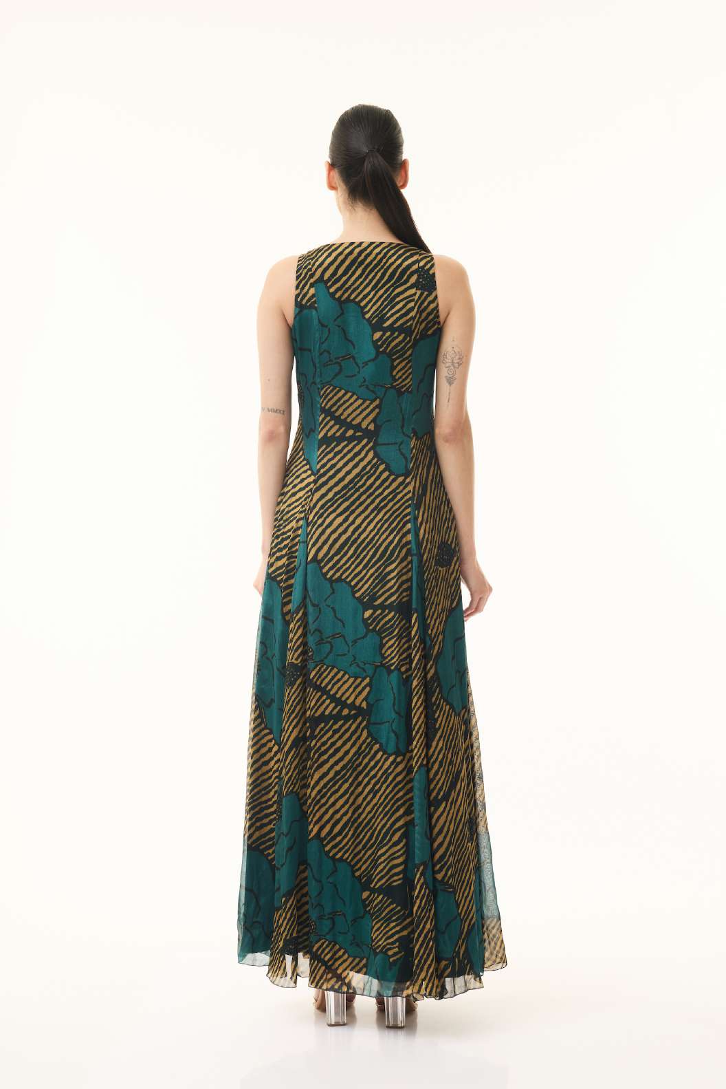 TEAL AND MUSTARD FLORAL SLEEVELESS LONG DRESS