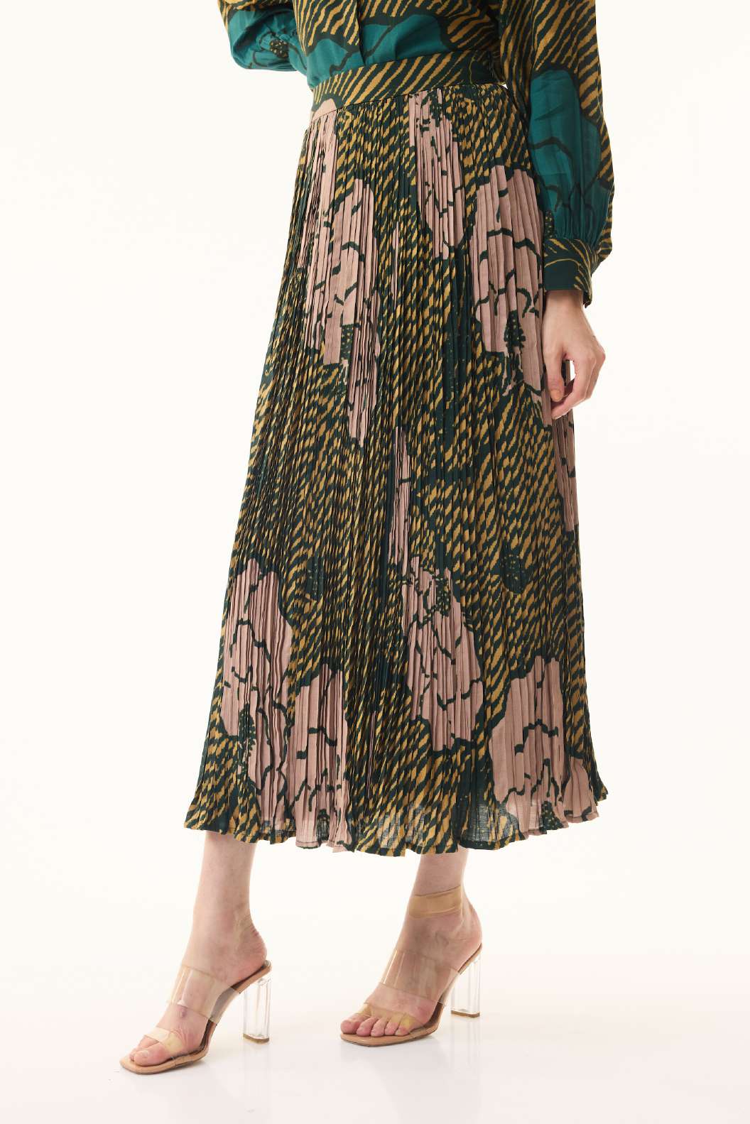 TEAL, MUSTARD AND PINK FLORAL CRINKLED SKIRT