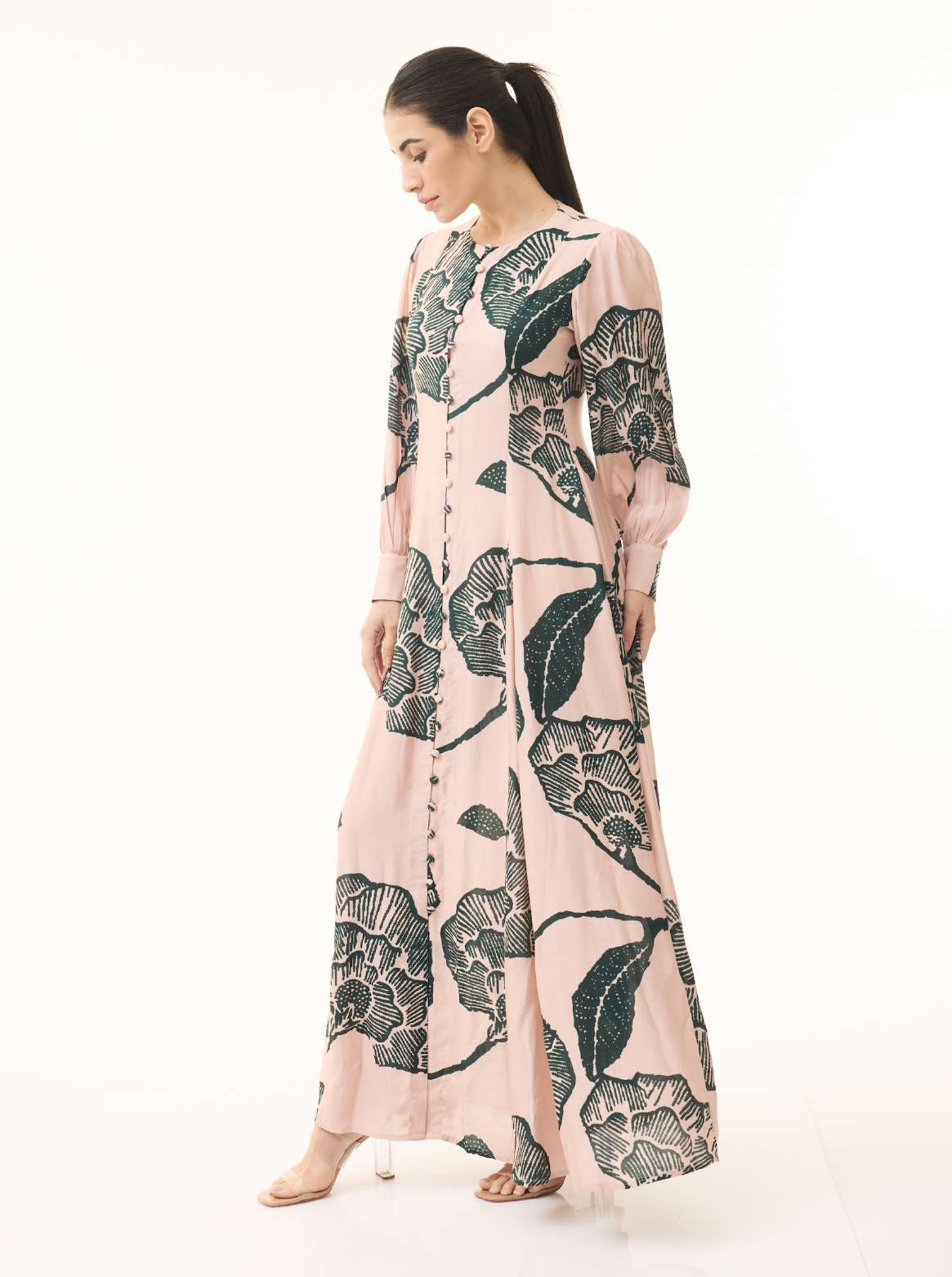 PEACH AND GREEN FLORAL LONG DRESS