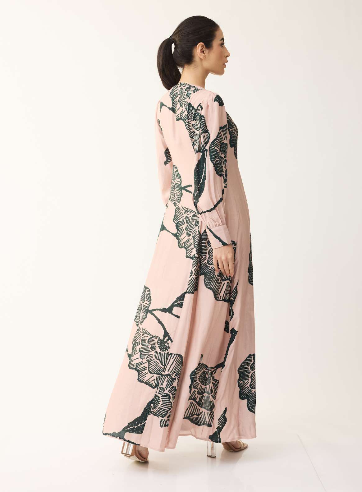 PEACH AND GREEN FLORAL LONG DRESS