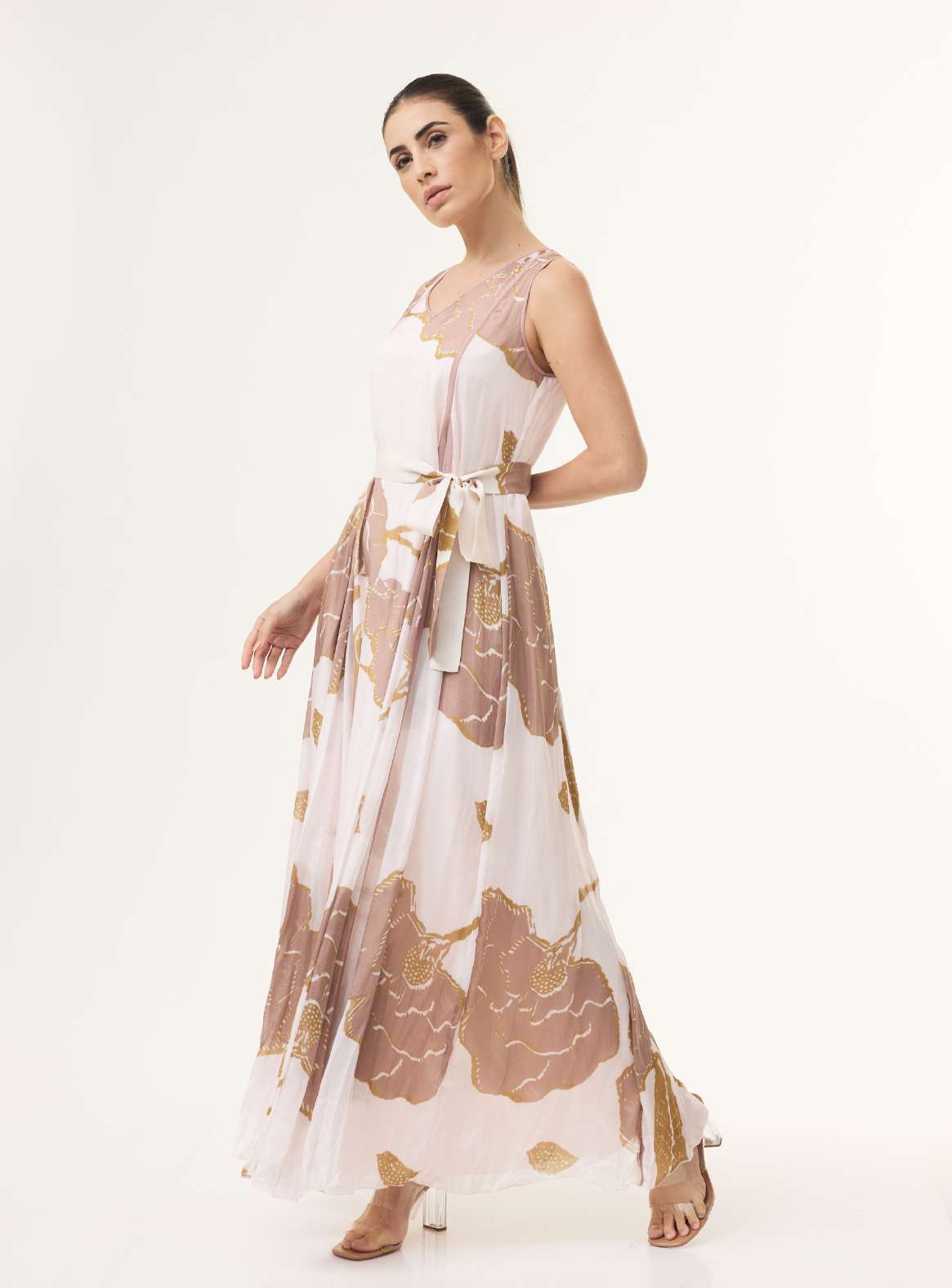 PEACH AND MUSTARD FLORAL SLEEVELESS LONG DRESS