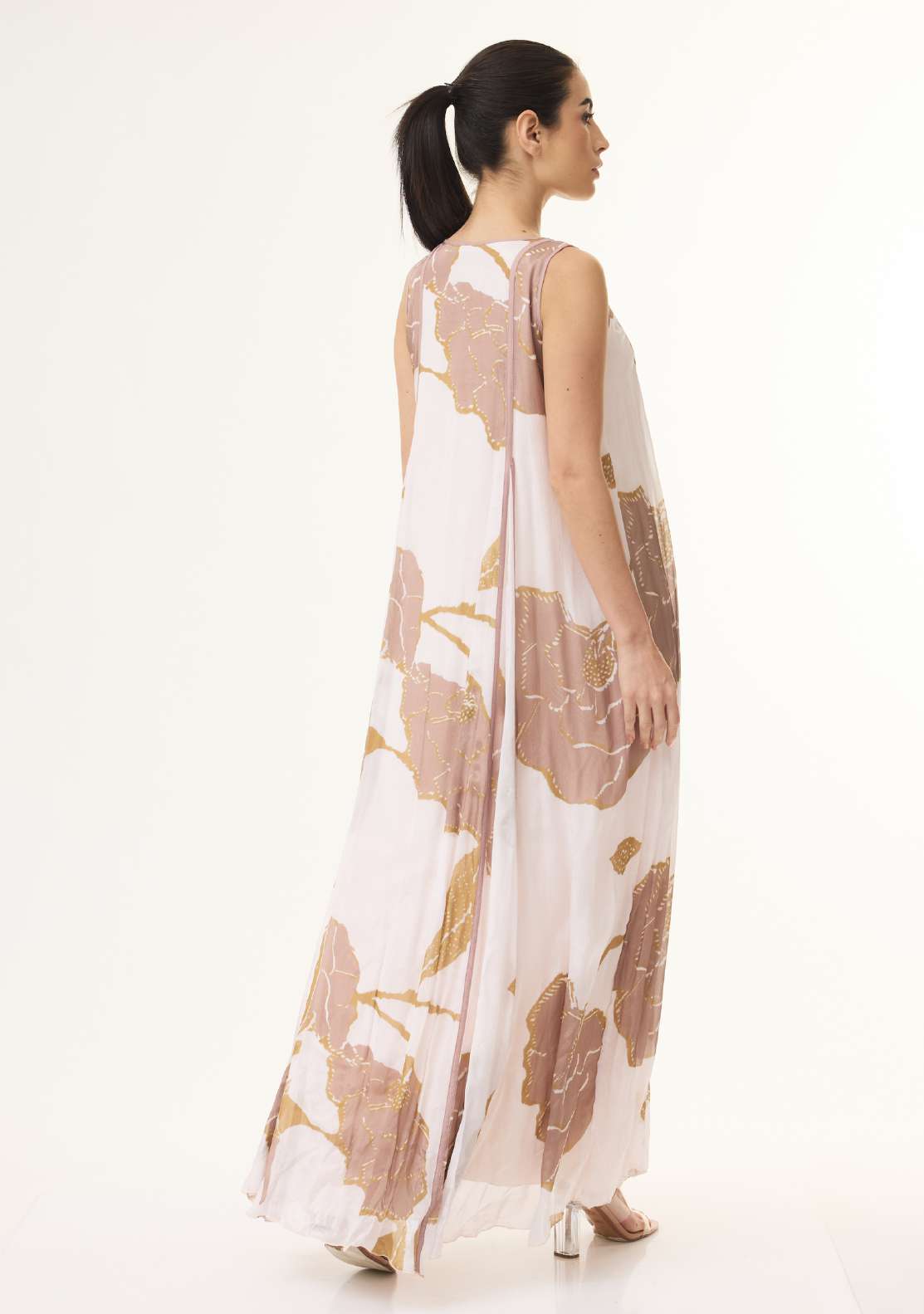 PEACH AND MUSTARD FLORAL SLEEVELESS LONG DRESS