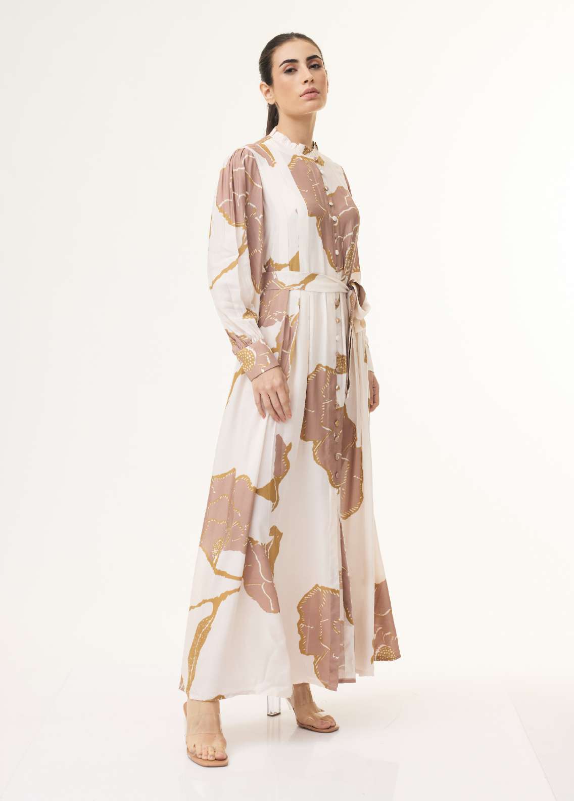 PEACH AND MUSTARD FLORAL LONG PLEATED DRESS