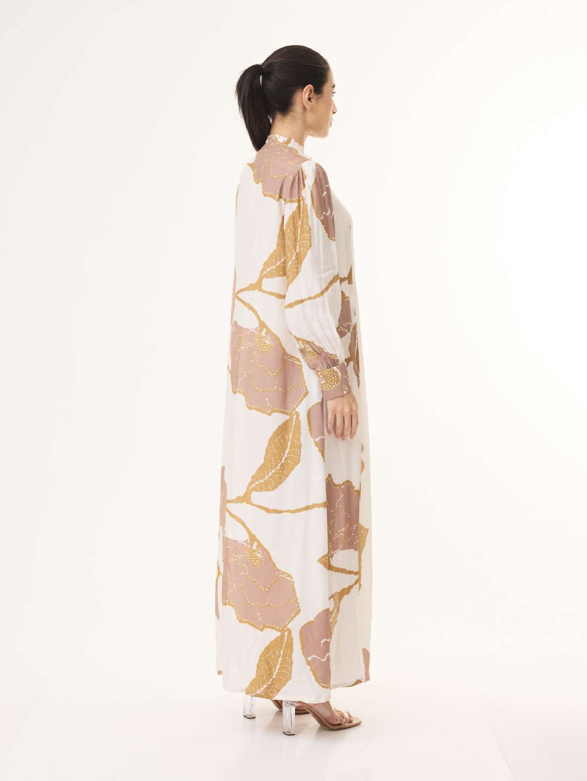 PEACH AND MUSTARD FLORAL LONG PLEATED DRESS