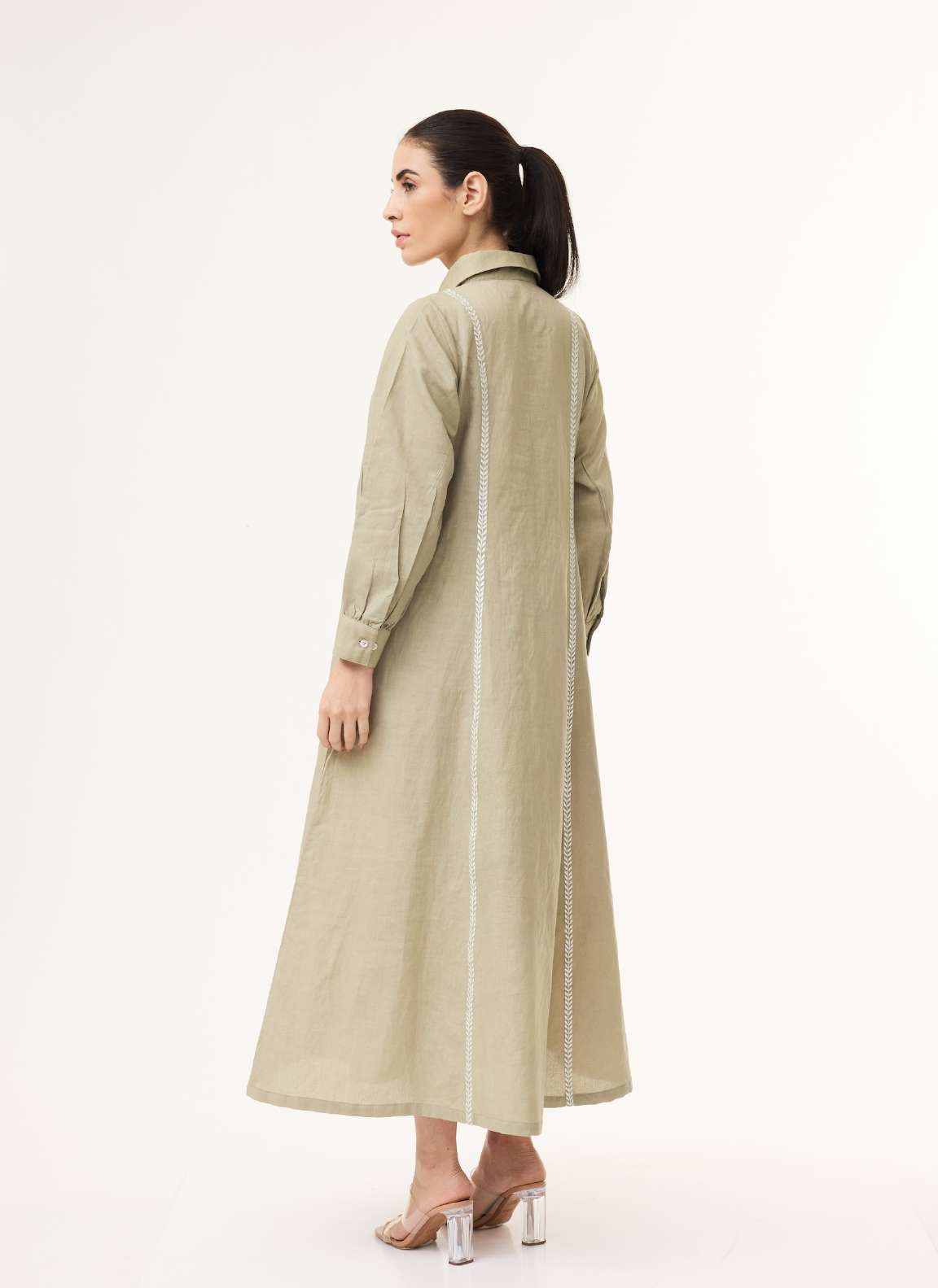 KHAKI GREEN EMBROIDERED SHIRT DRESS