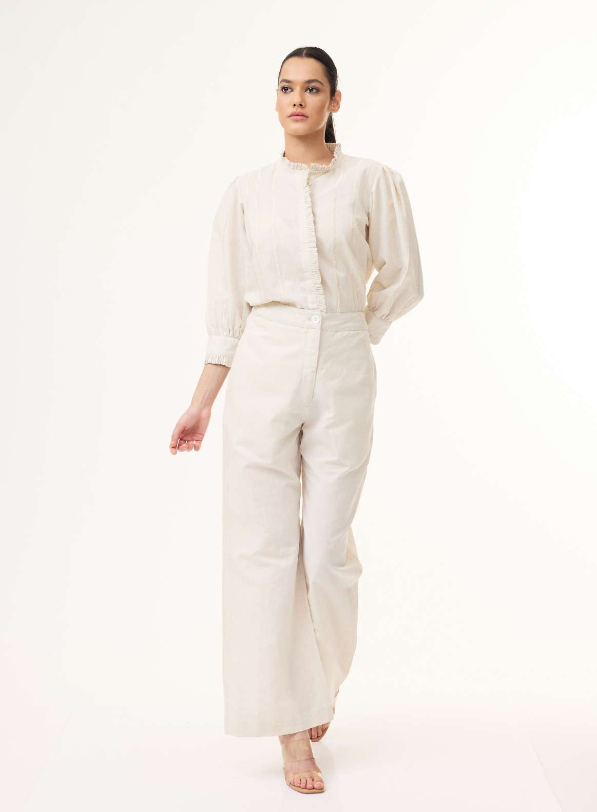 BEIGE EMBROIDERED FRILL COLLAR SHIRT