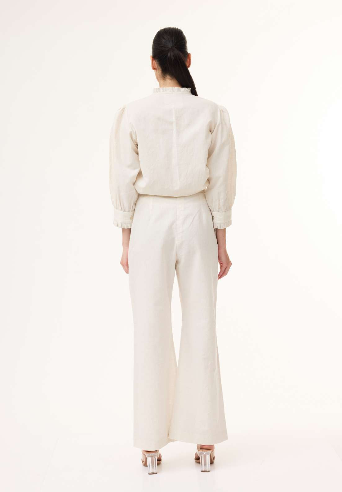 BEIGE EMBROIDERED FRILL COLLAR SHIRT