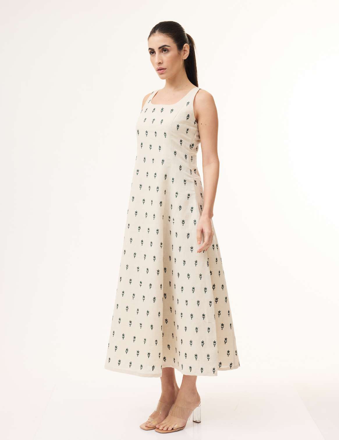 BEIGE EMBROIDERED SLEEVELESS DRESS