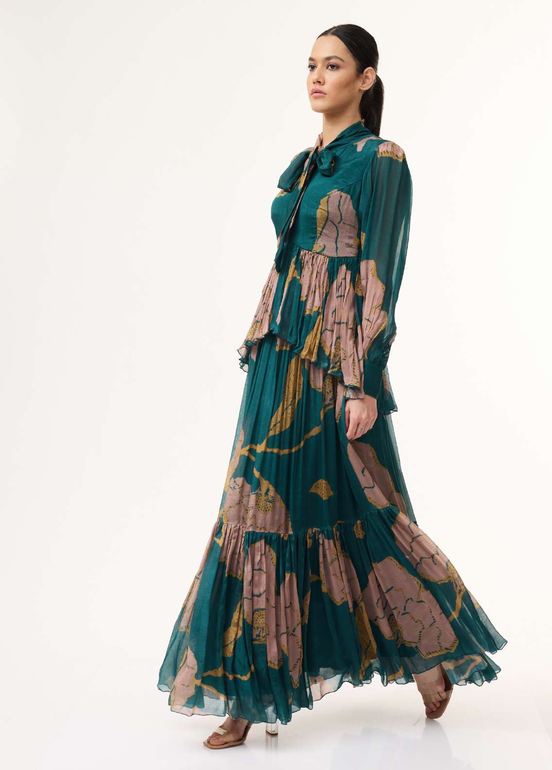 TEAL, PINK AND MUSTARD FLORAL LONG DRESS