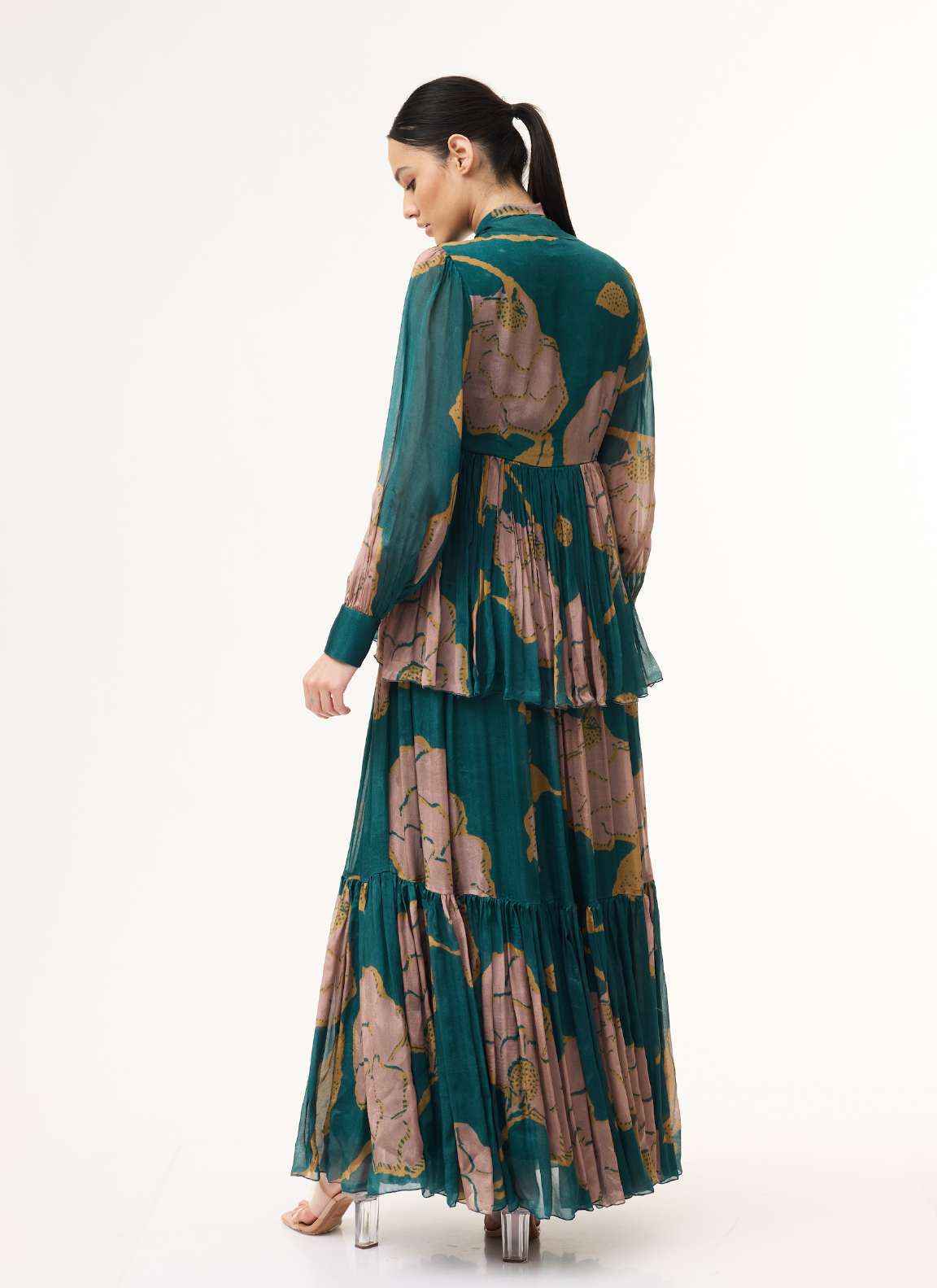 TEAL, PINK AND MUSTARD FLORAL LONG DRESS