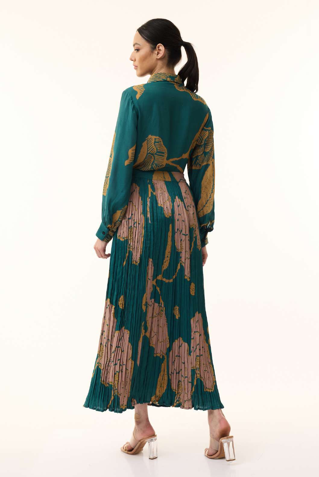 TEAL, PINK AND MUSTARD FLORAL CRINKLED SKIRT