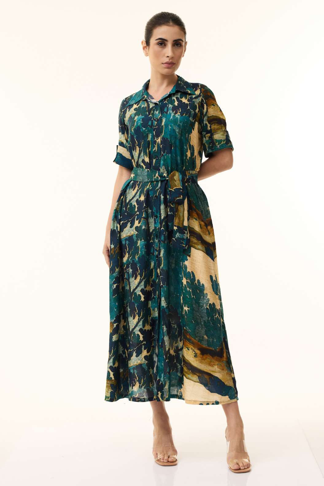 TEAL FLORAL SHIRT DRESS