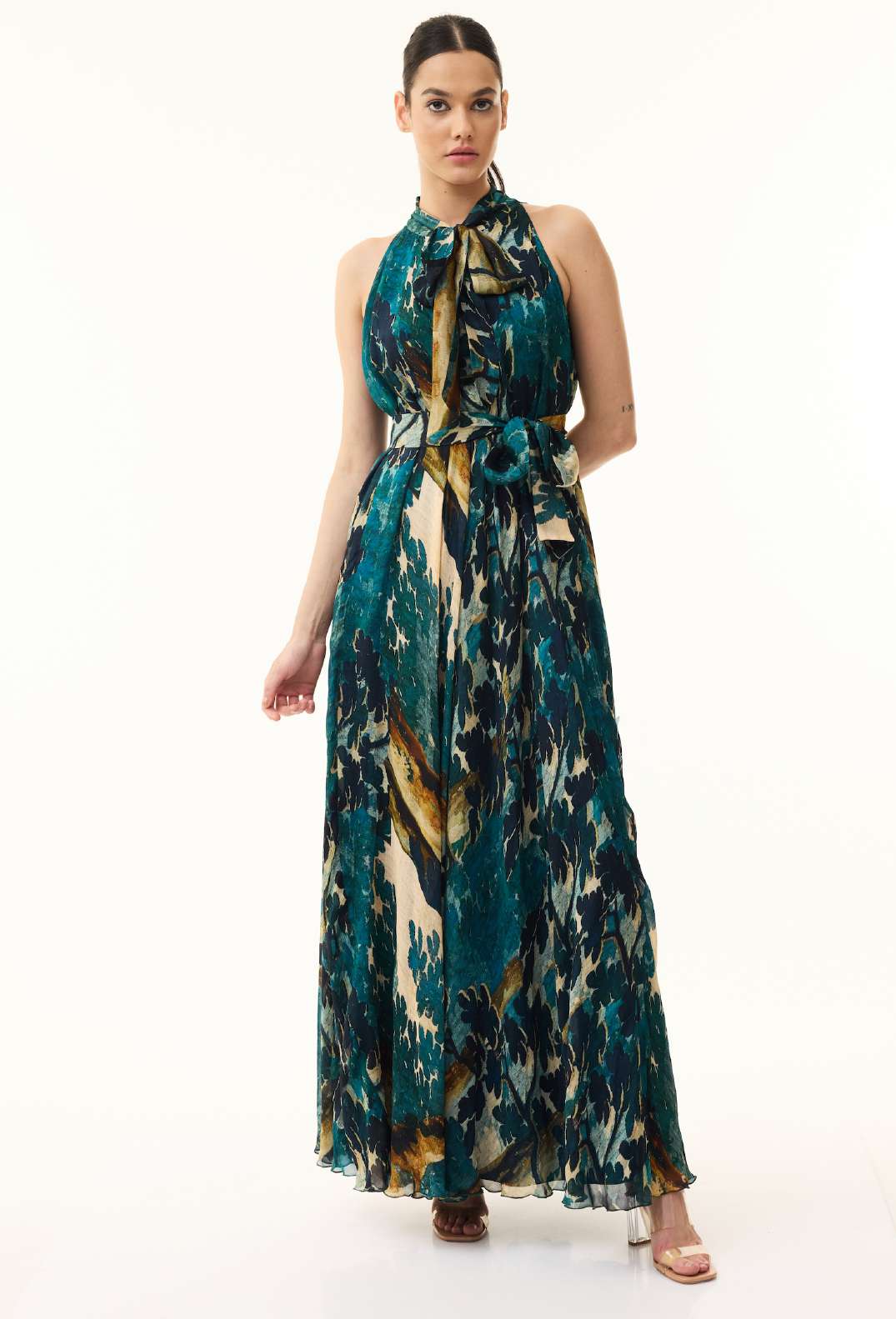 TEAL FLORAL SLEEVELESS LONG DRESS