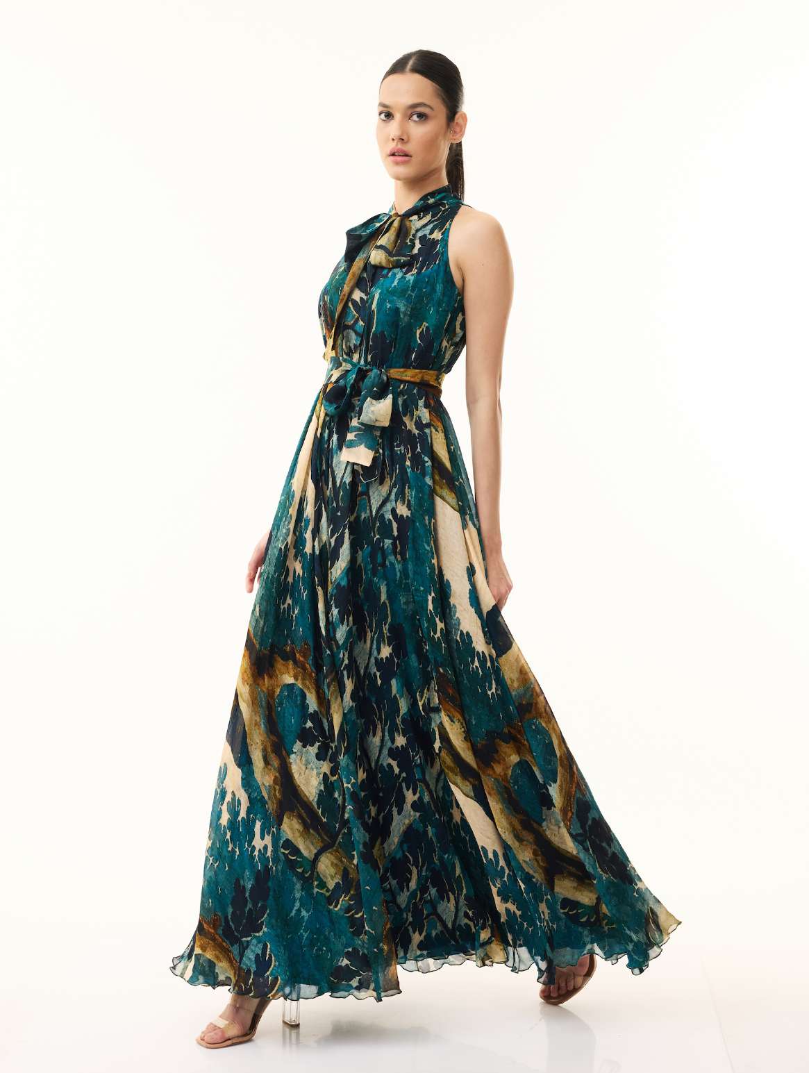 TEAL FLORAL SLEEVELESS LONG DRESS