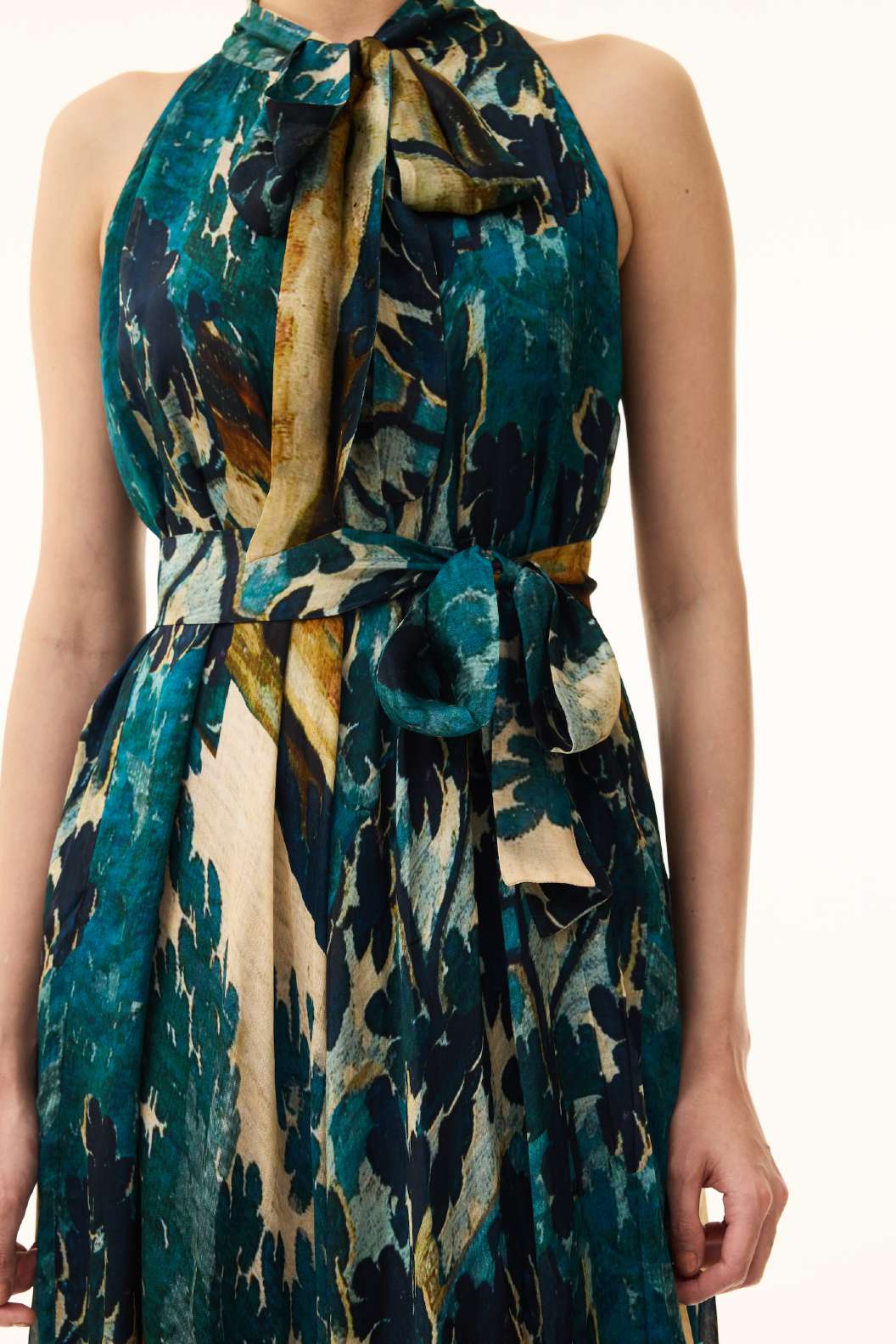 TEAL FLORAL SLEEVELESS LONG DRESS