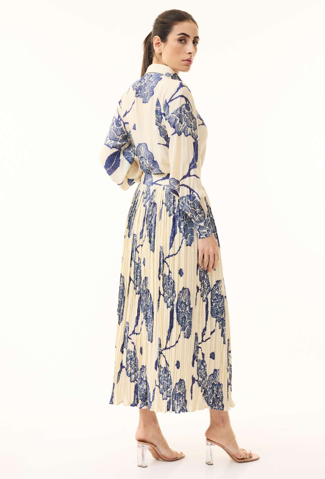 CREAM AND BLUE FLORAL LONG SHIRT