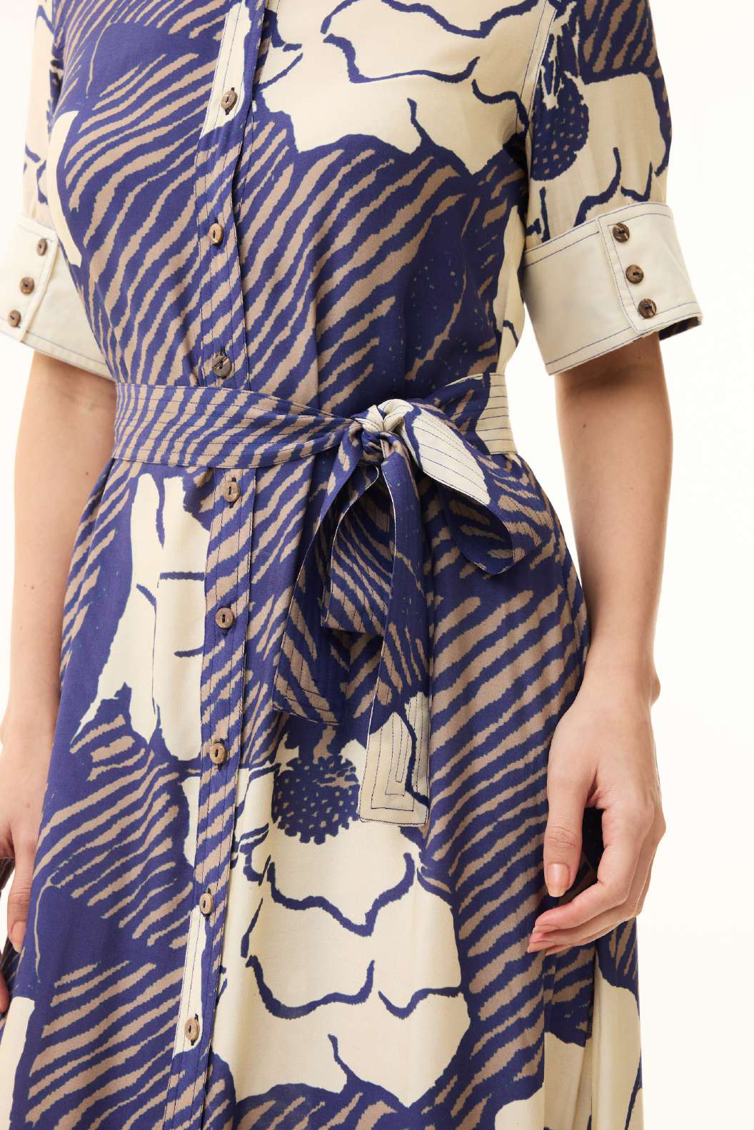 BLUE, BEIGE AND CREAM FLORAL SHIRT DRESS
