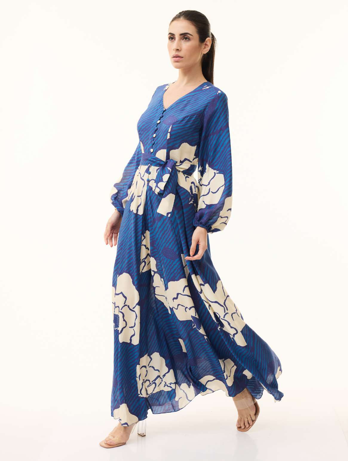 BLUE AND CREAM FLORAL LONG DRESS