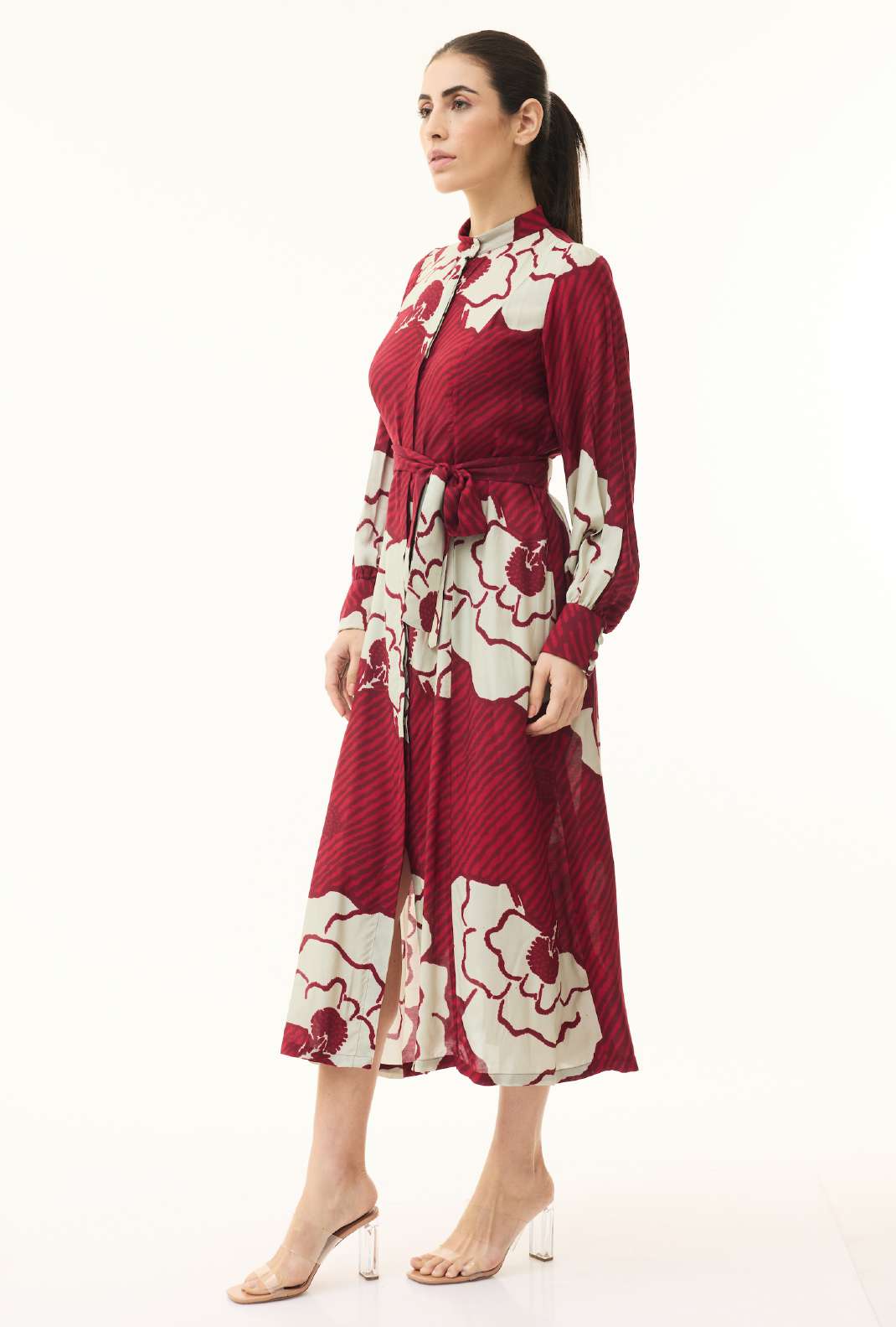 RED AND BEIGE FLORAL SLEEVELESS DRESS