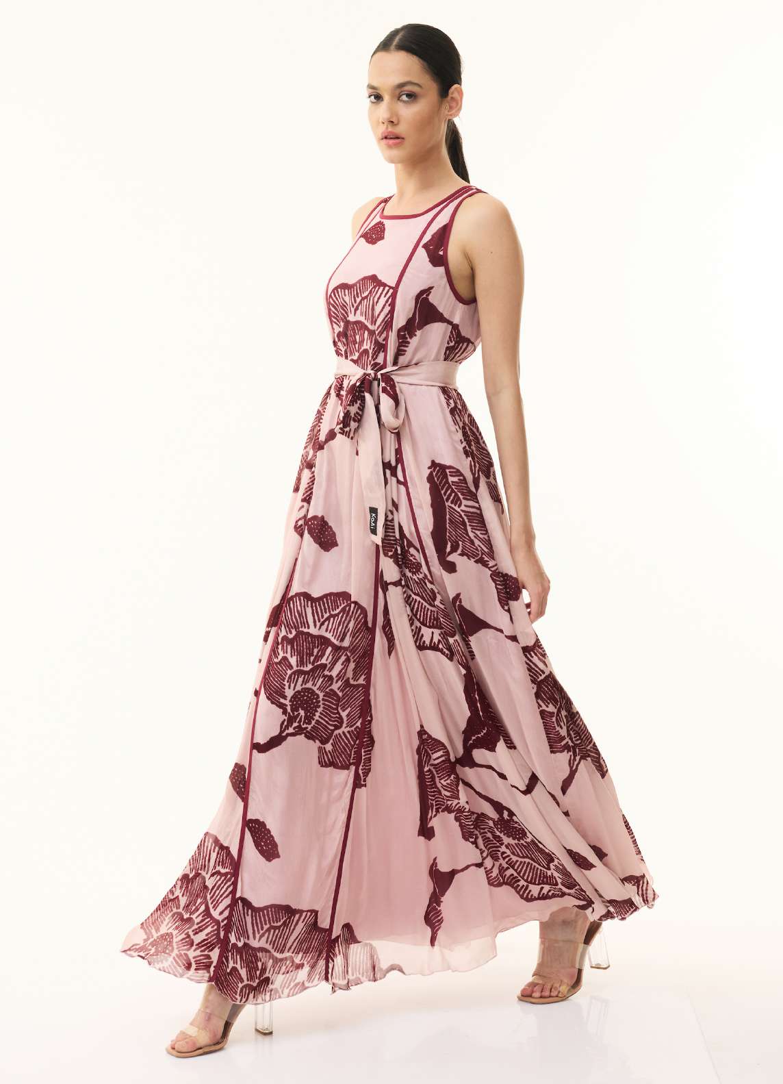 PEACH AND RED FLORAL SLEEVELESS LONG DRESS
