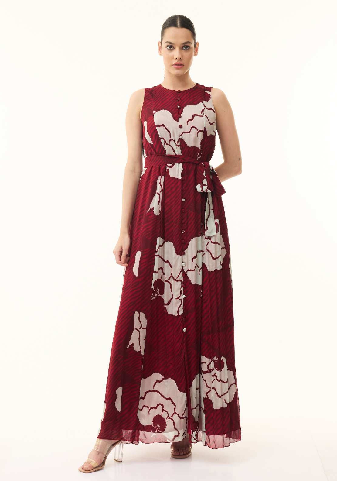 RED AND BEIGE FLORAL LONG DRESS