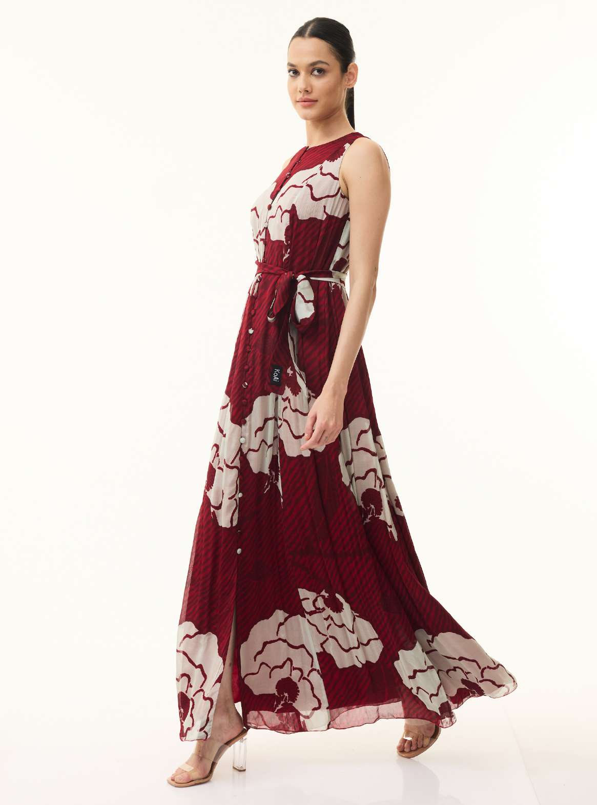 RED AND BEIGE FLORAL LONG DRESS