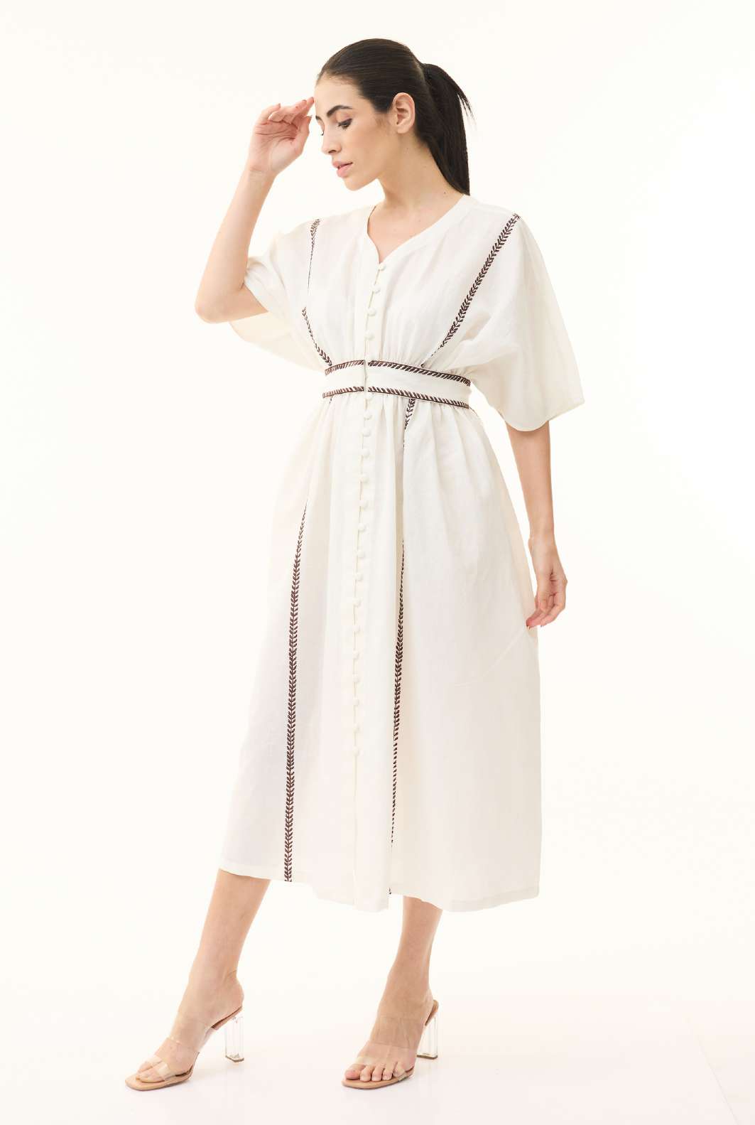 OFFWHITE AND BLACK EMBROIDERED KAFTAN DRESS