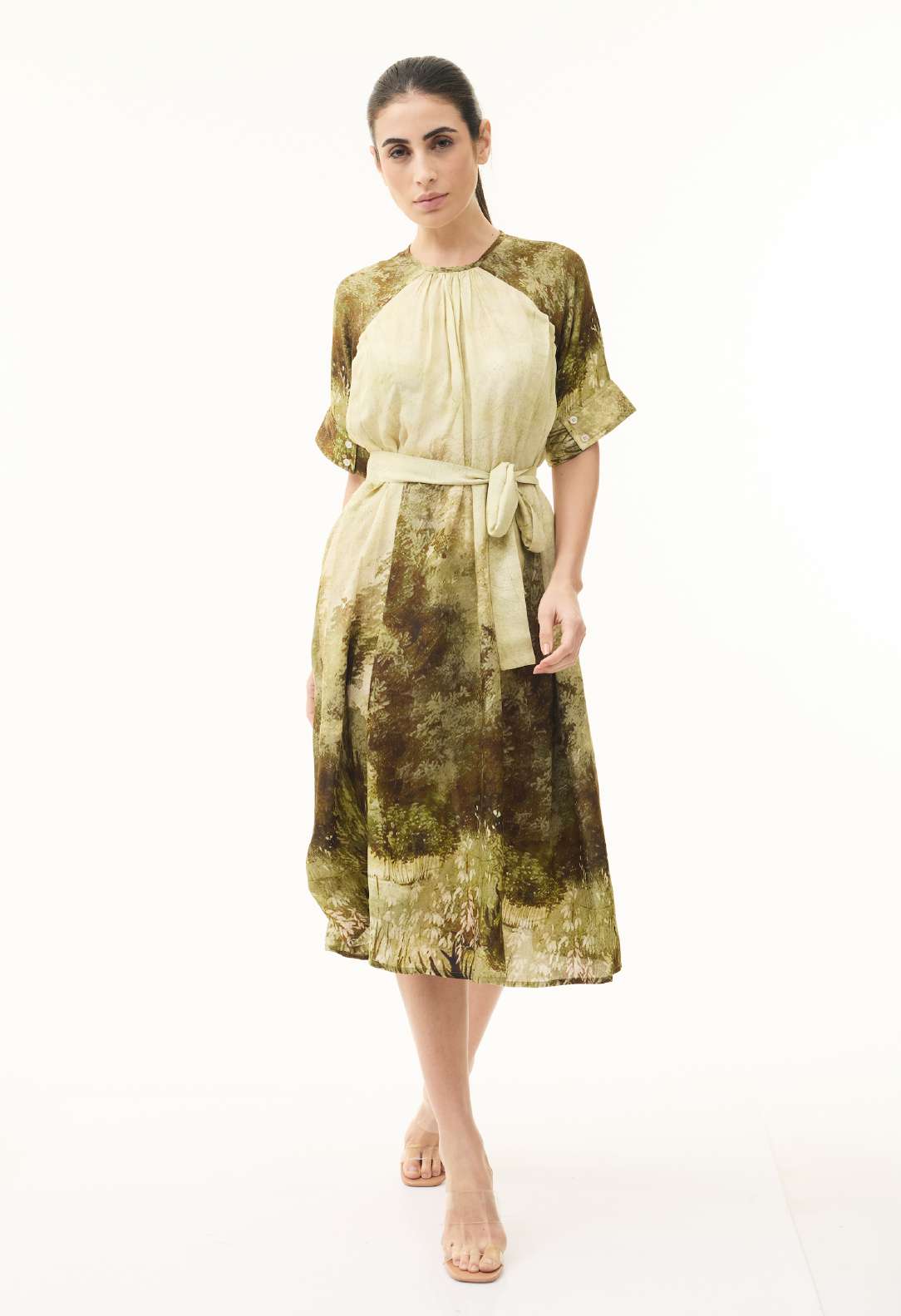 BEIGE AND GREEN FLORAL SHIRT DRESS