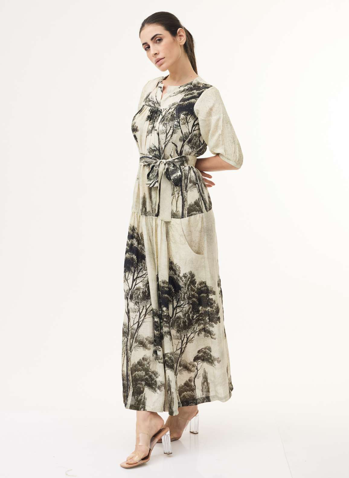BEIGE AND BLACK FLORAL SHIRT DRESS