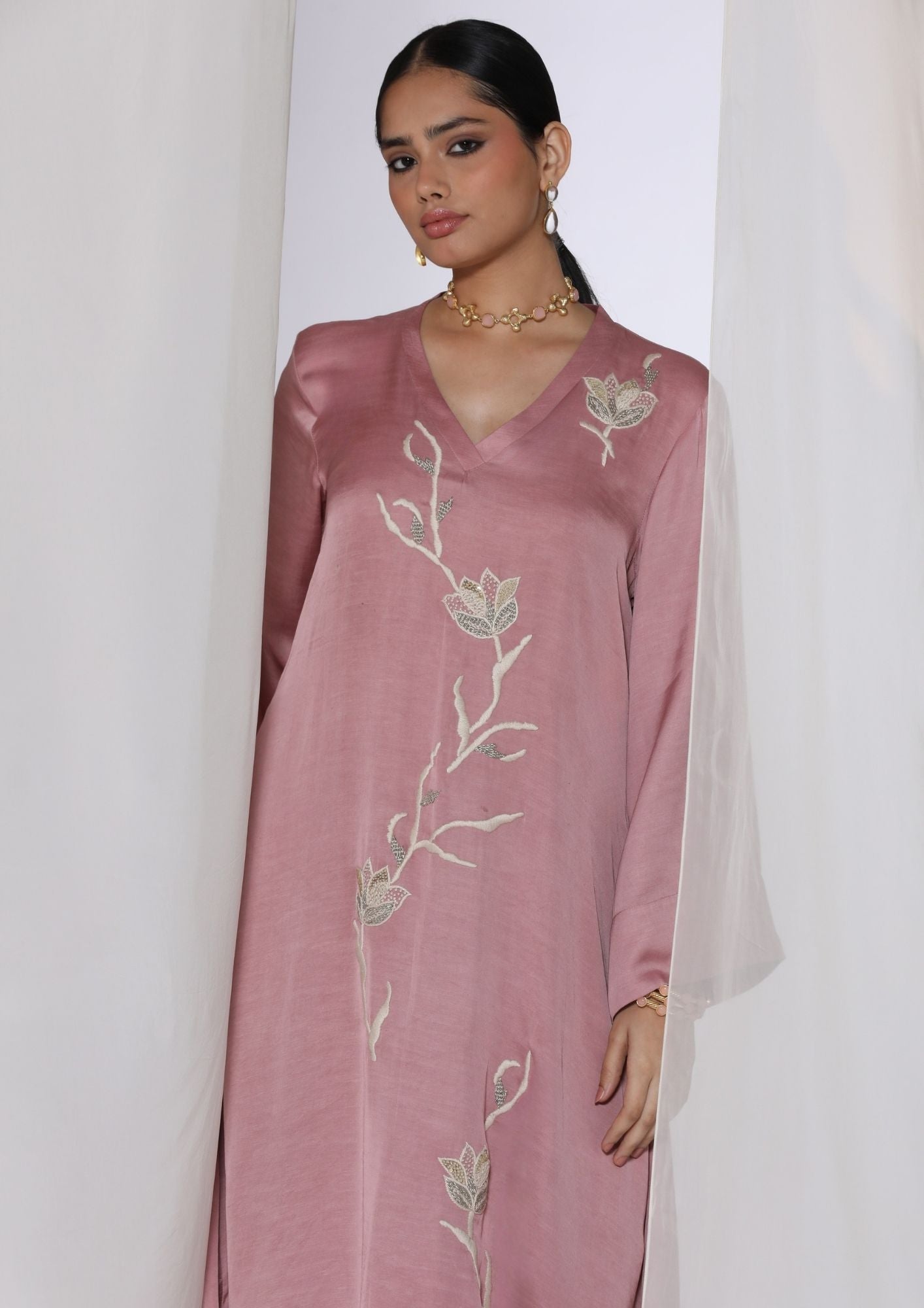 Linen Satin Kurta With  Floral  Handwork Embroidery With Slim Pants