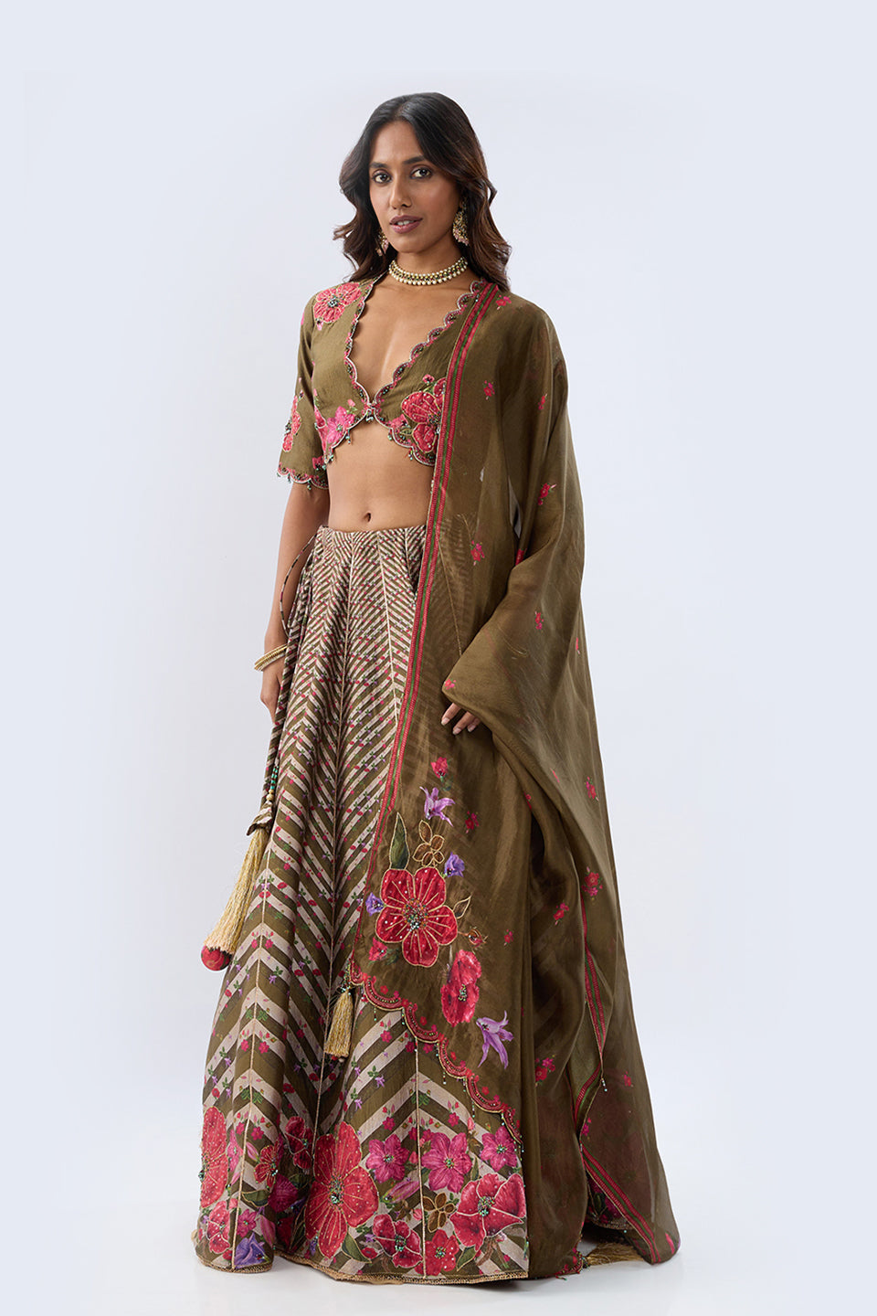 Blossom Striped Olive Green Lehenga Set
