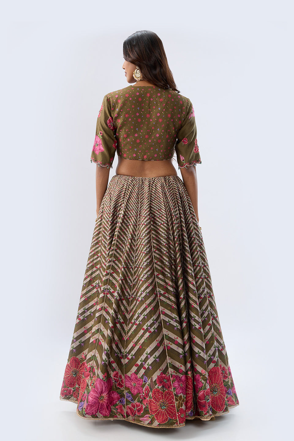 Blossom Striped Olive Green Lehenga Set