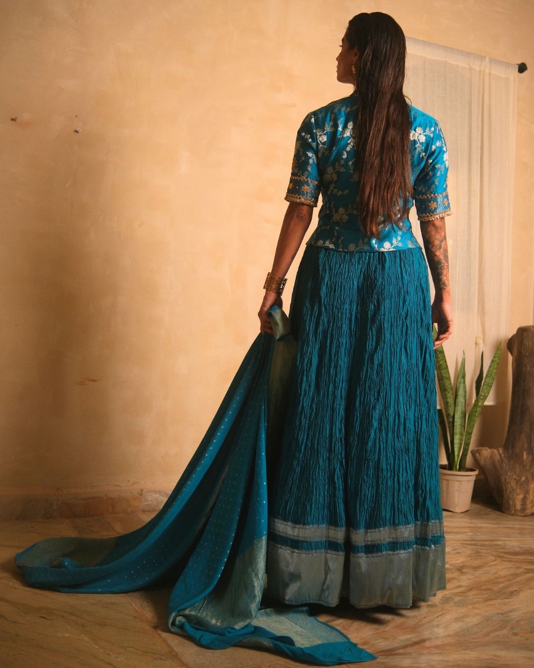 FLORAL BROCADE CHOLI WITH CRUSHED LEHENGA