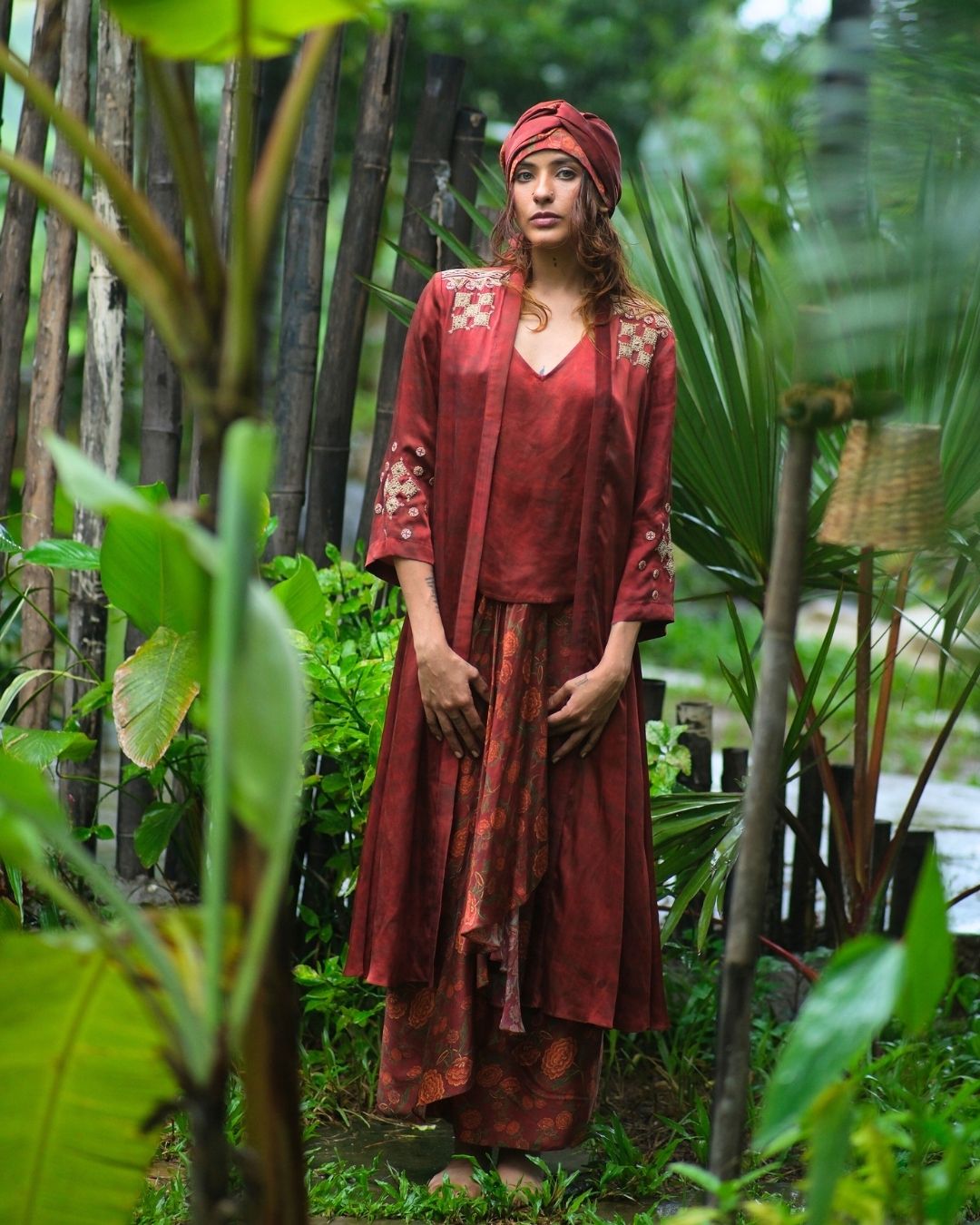 HAND ENBROIDERED JACKET WITH TOP AND DRAPED PRINTED SKIRT