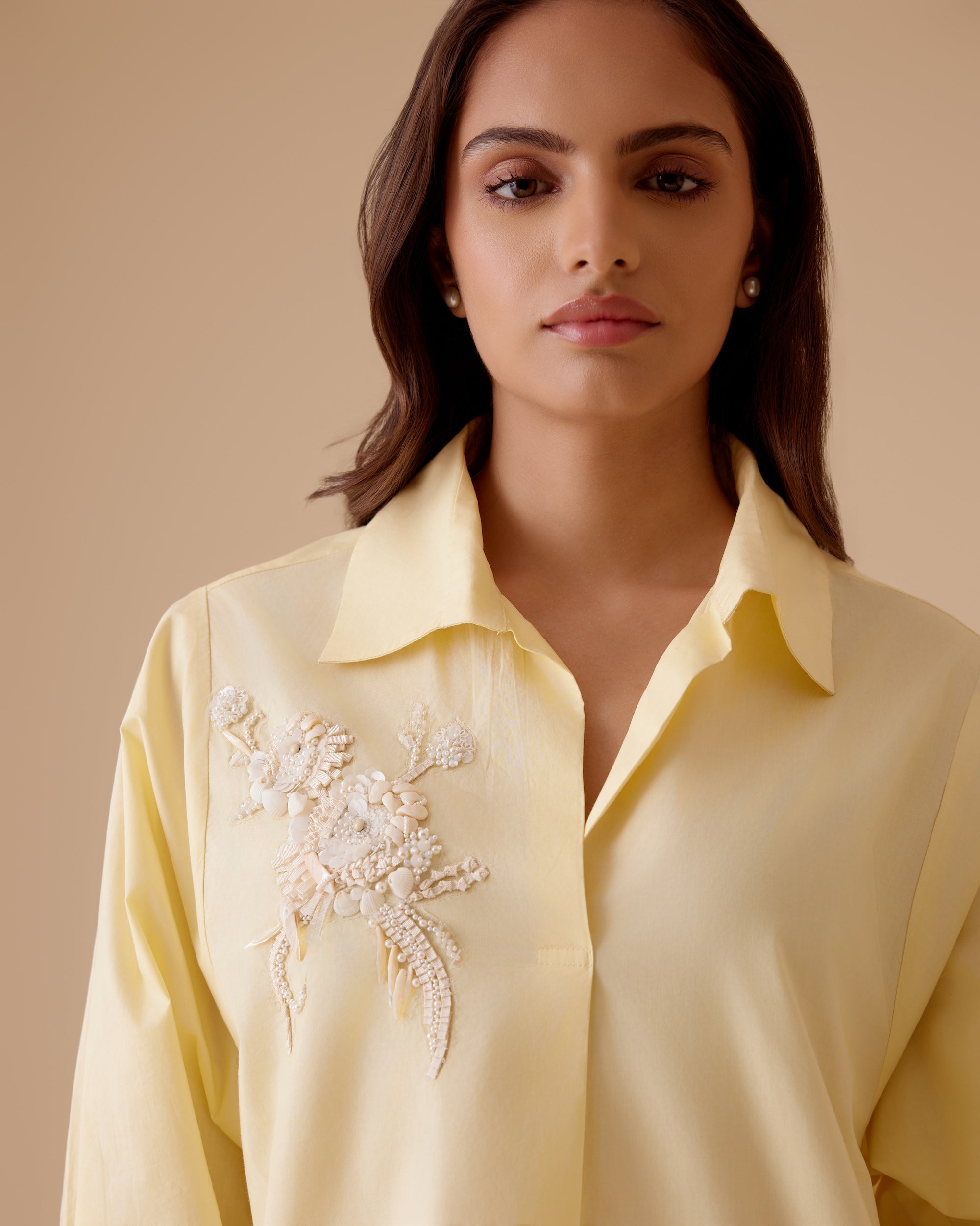 Nisha Yellow classic hand embroidered shirt