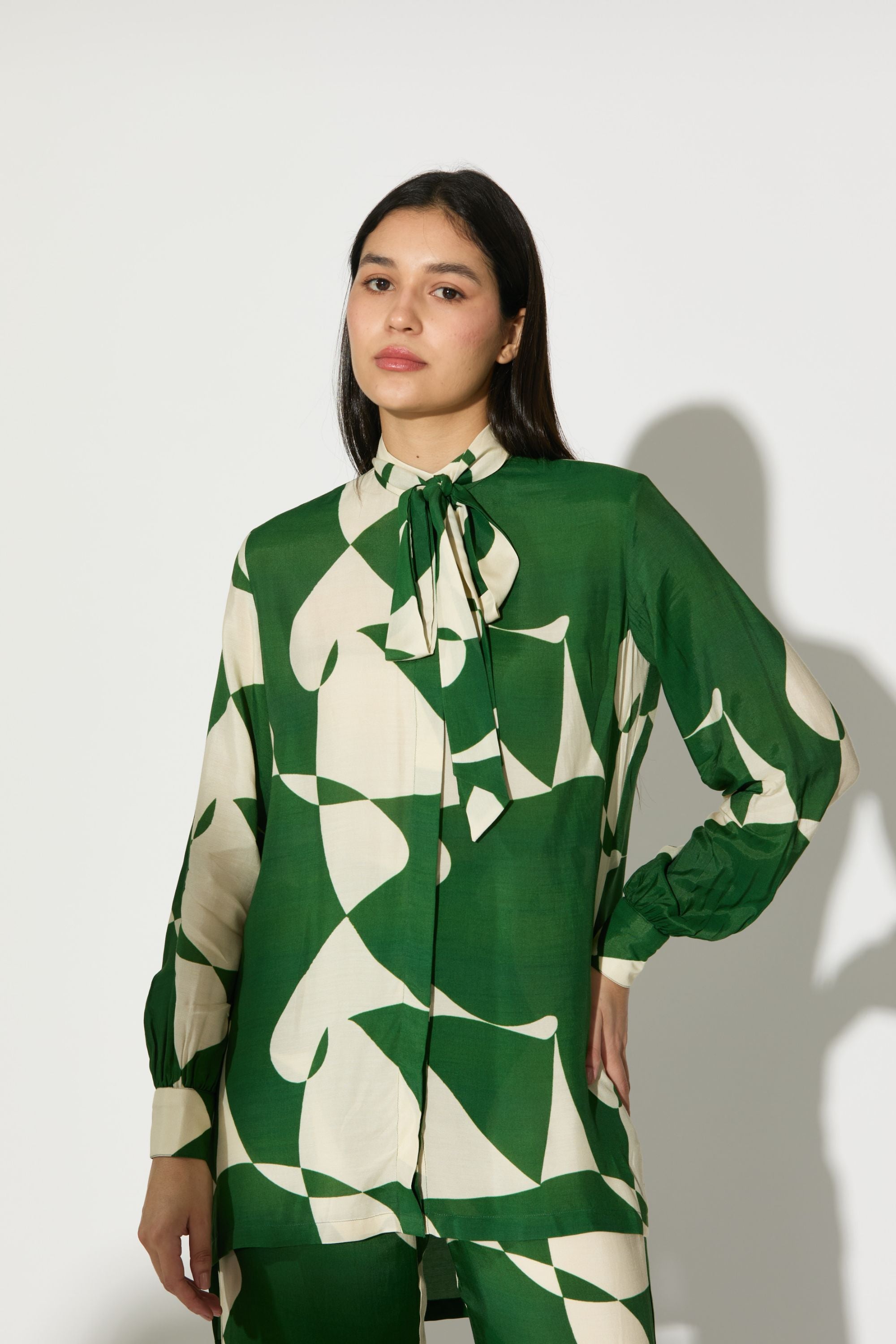 Green And White Abstract Bow Tie Shirt